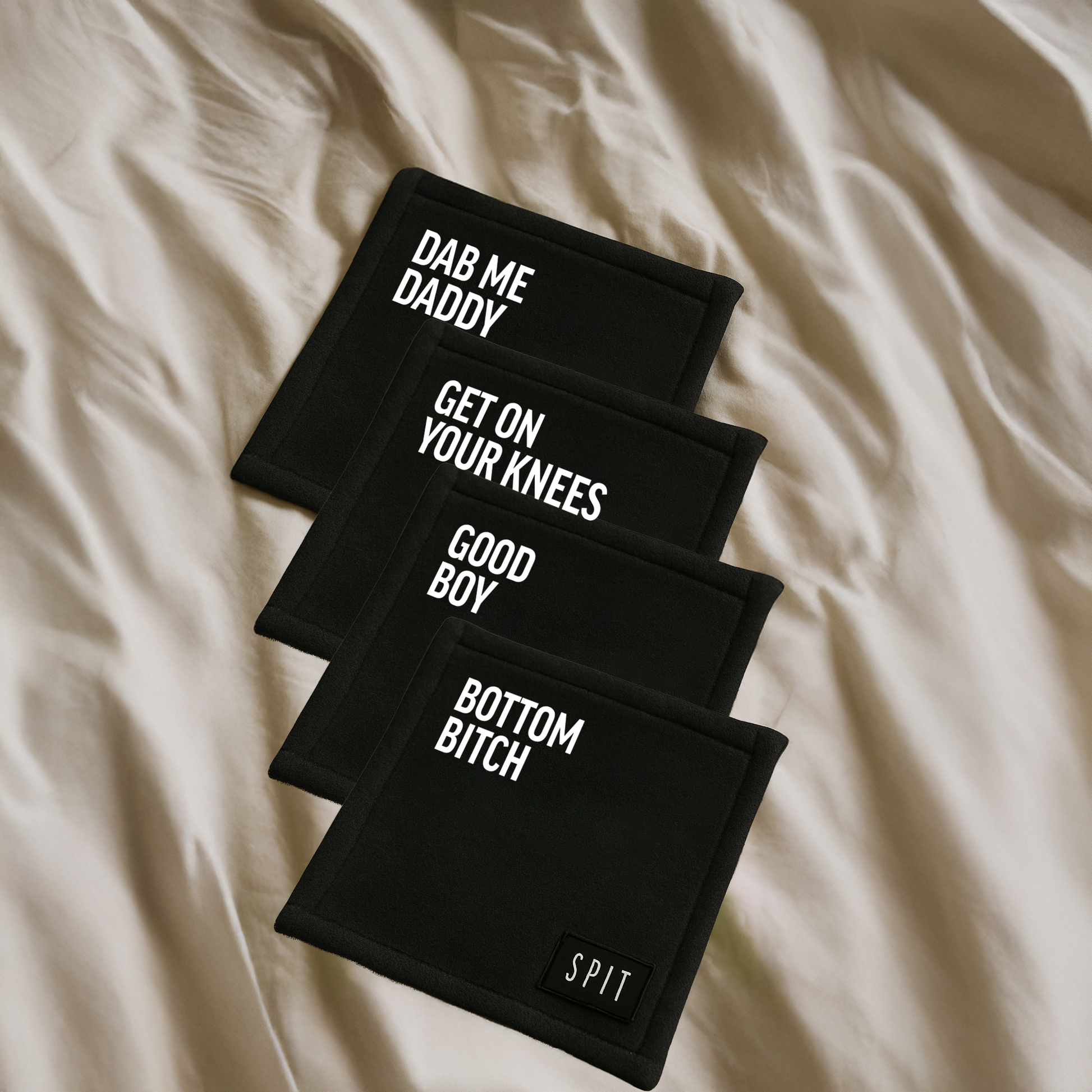 SPIT RAW Mini Towel "Dirty Talk" 4-Pack | Queer Bathroom Decor | Washcloth Alternative | Bold Funny Gift | Sweatshirt Material Towels